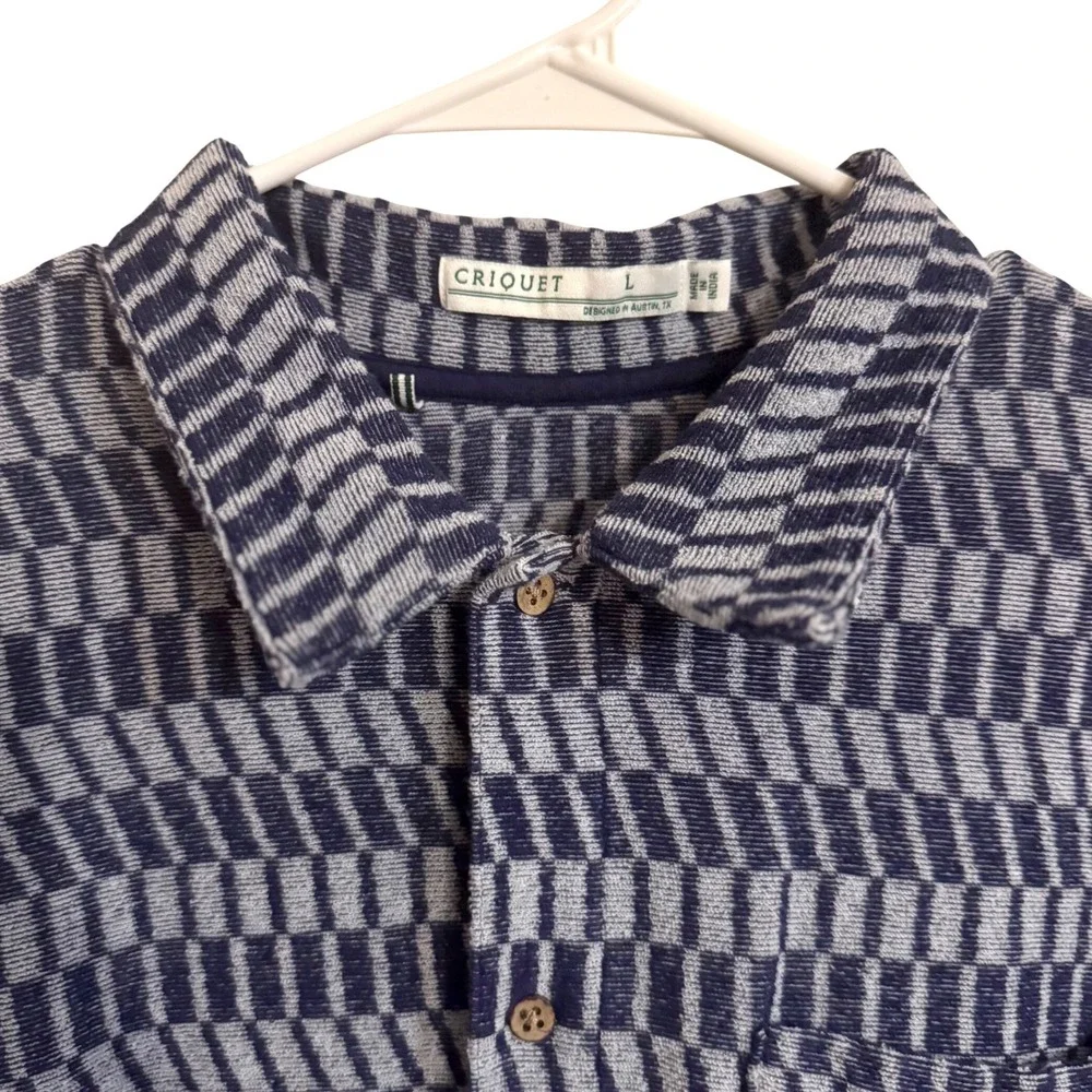 Criquet Men's Blue & White Textured Geometric 100% Cotton Terry Button Down L